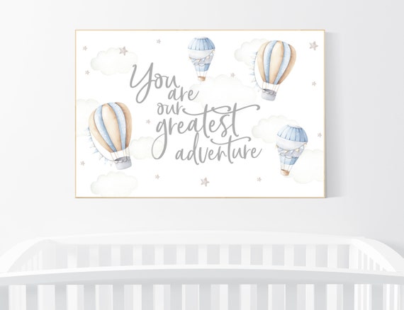Hot air balloon nursery, Nursery decor neutral, you are our greatest adventure, gender neutral, beige blue, neutral colors, nursery prints