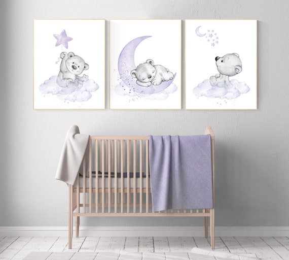 Nursery decor girl purple, nursery decor bear, teddy bear nursery, lilac nursery print, lavender, baby room decor, nursery wall art animals