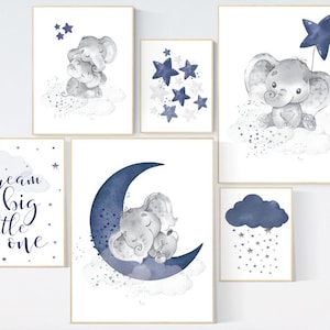 Nursery decor boy elephant, nursery wall art boy, navy Blue, moon and stars, navy nursery, boy nursery decor, elephant nursery art, star