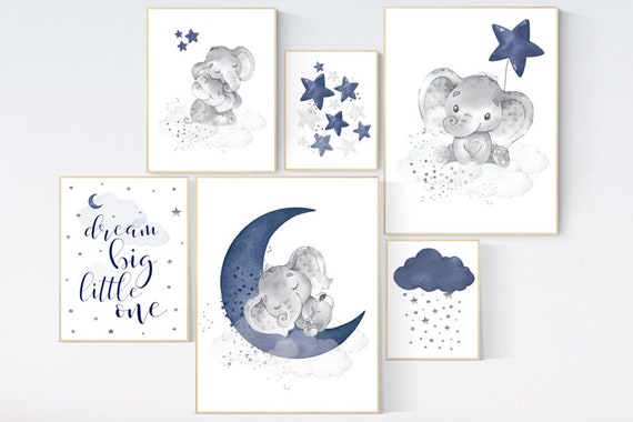 Nursery decor boy elephant, nursery wall art boy, navy Blue, moon and stars, navy nursery, boy nursery decor, elephant nursery art, star