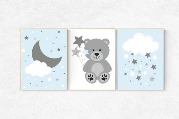 Nursery decor bear, Nursery decor boys Blue gray nursery, boys room wall art, baby room prints, cloud nursery, blue nursery, teddy bear