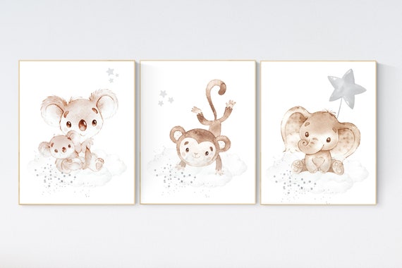 Nursery wall art animals, gray nursery, gender neutral nursery, neutral nursery, baby room decor, koala, elephant, monkey, animal prints