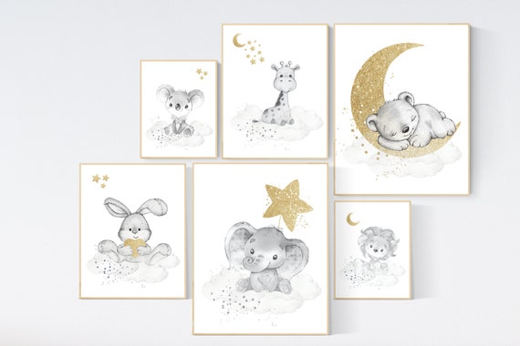 Animal prints, Gender neutral nursery, gold and gray nursery, elephant, giraffe, lion, koala, rabbit, bear, animal nursery, neutral colors