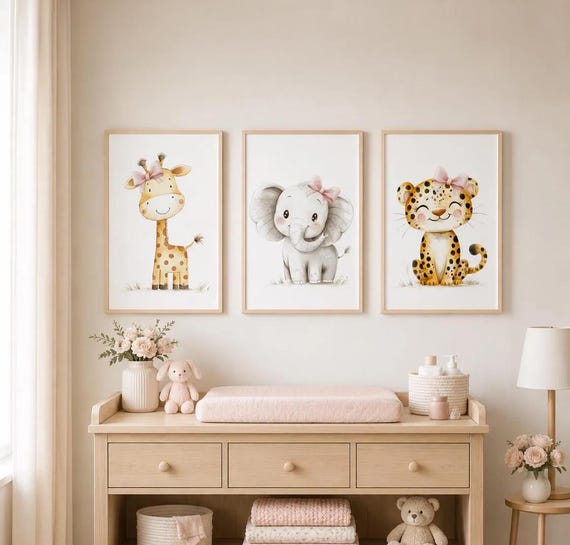 Safari Nursery Wall Art Set of 3, Girl Nursery Prints, Giraffe Elephant Leopard