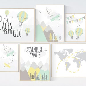 Adventure nursery decor, nursery decor airplane, world map nursery, adventure awaits, yellow mint nursery, travel theme, gender neutral