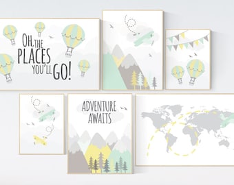 Adventure nursery decor, nursery decor airplane, world map nursery, adventure awaits, yellow mint nursery, travel theme, gender neutral