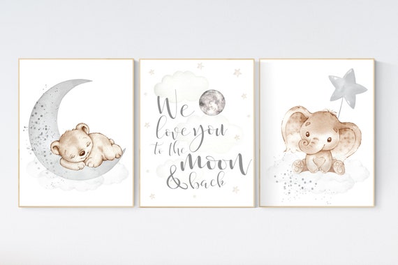 Nursery wall art animals, gray nursery, gender neutral nursery, neutral nursery, bear, elephant, gray nursery, animal prints, grey nursery