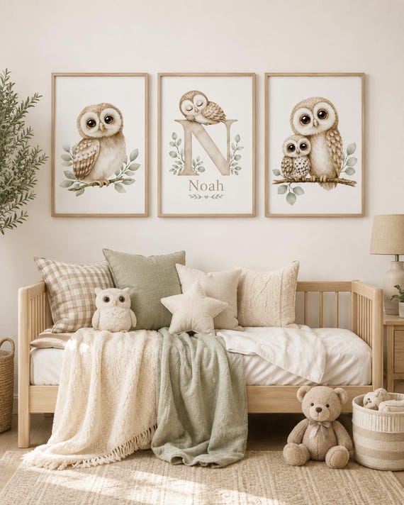 Personalized Owl Nursery Wall Art Set of 3, Woodland Nursery Prints