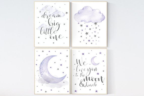 Baby room decor girl purple, nursery wall art, nursery decor lavender, lilac, dream big little one, cloud and stars, baby room decor, moon