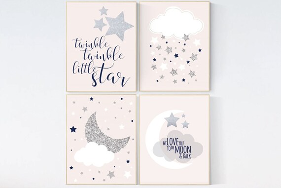 Blush and navy nursery decor, pink silver, blush and navy nursery wall art, nursery prints, twinkle twinkle little star, light coral
