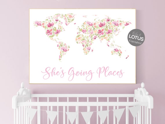 Boho nursery, girl room decor, Floral World Map, Girl Nursery Decor, Travel Nursery, floral Nursery, girl nursery decor, girls room decor