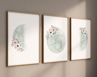 Moon nursery decor, moon print, sage nursery, full moon print, gender neutral, moon nursery, green and gold, moon wall art, nursery prints