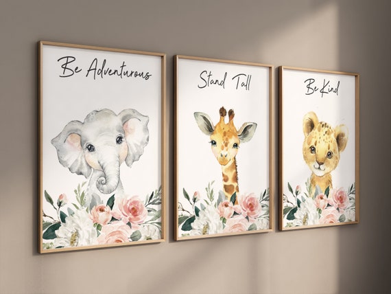 Nursery prints girl, baby room wall art, Safari Animals, girl nursery, Animals Prints, Safari Nursery Wall Art, flower animals