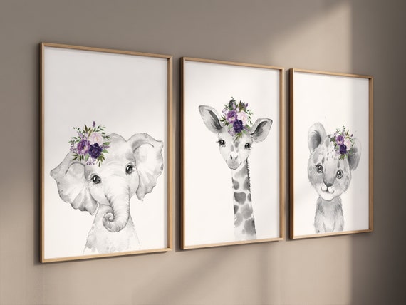 Purple nursery, girl nursery, animal nursery, Safari animals, Floral Nursery Prints, purple nursery, girls nursery decor, elephant nursery