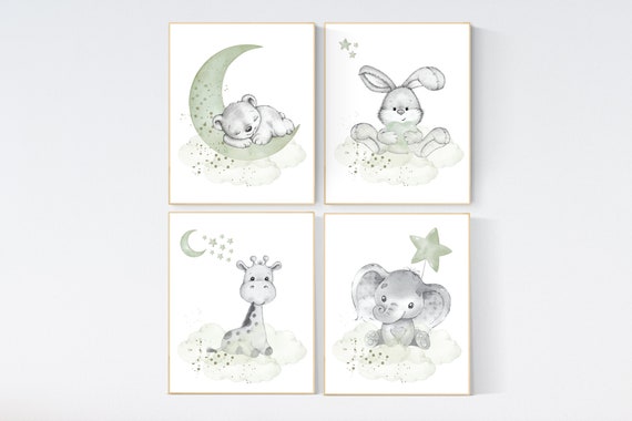 Nursery wall art animals, green nursery, gender neutral nursery, sage green, baby room decor, bear, elephant, giraffe, bunny, animal prints