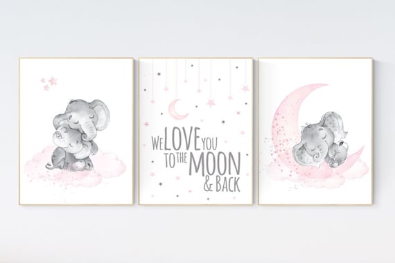 Nursery wall art girl elephant, pink and gray nursery, we love you to the moon and back, pink nursery art, moon and stars, baby room decor