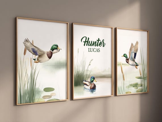 Personalized Duck Nursery Wall Art, Baby Boy Name Print, Mallard Ducks Rustic Decor, Hunting Theme Room, Country Baby Shower Gift