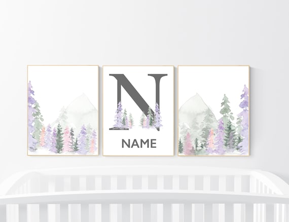 Nursery decor woodland, mountain wall art, tree nursery decor, adventure theme nursery, forest, pink, green, purple and blush pink