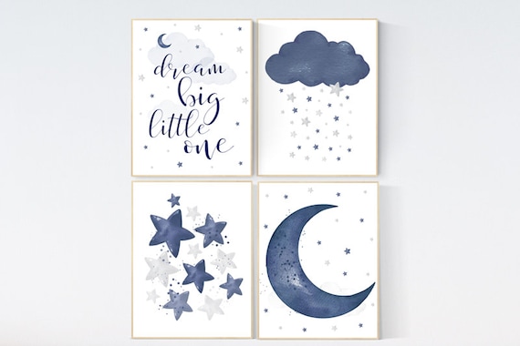 Nursery decor boy, navy nursery wall art boy, moon and stars, navy blue, dream big little one, navy nursery set, star nursery, baby room art