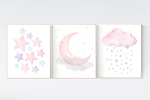 Pink, mint, purple, Nursery decor girl, stars, moon and cloud, nursery wall decor, nursery prints, pink nursery, pink purple, girl nursery