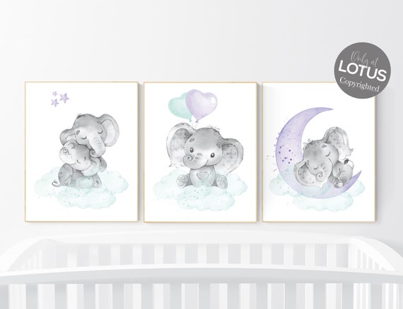 Nursery decor girl purple teal, elephant nursery, nursery decor girl purple, lilac, lavender, mint, nursery decor elephant, girl nursery