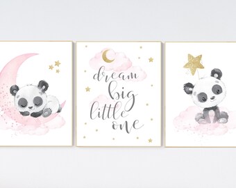Lámina de panda para guardería: decoración de habitación de niña en rosa y dorado