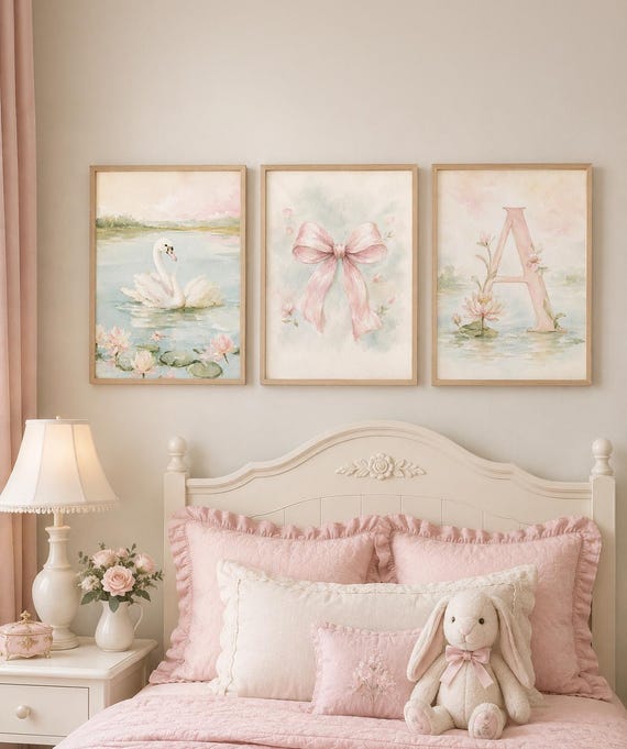 Watercolor Swan Nursery Art Set, Pink Bow, Floral Initial Print (Set of 3)