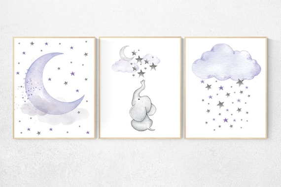Elephant nursery, Nursery decor girl purple, nursery decor girl lavender and gray, lilac nursery, purple nursery, cloud, moon and stars