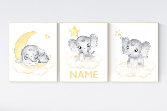 Yellow nursery, gender neutral nursery, elephant nursery wall art , yellow and gray nursery art, baby room art, yellow and gray nursery