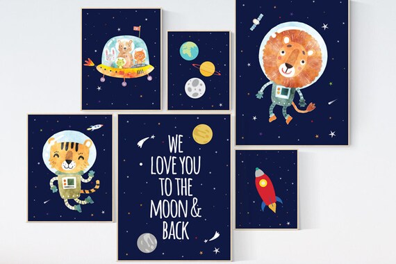 Space nursery print, nursery decor space, Space nursery, nursery decor boy, moon and back, outer space, nursery wall art space, animals