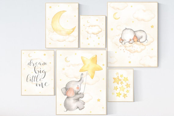 Nursery decor elephant, nursery wall art neutral, dream big little one, baby wall art elephant, baby room decor gender neutral, cloud, star