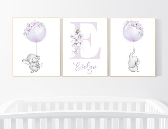 Nursery decor lilac, nursery decor girl boho, elephant, nursery wall decor girl, nursery prints floral, purple, lavender, floral nursery