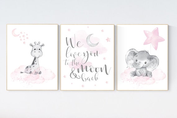 Girls room decor, Nursery decor girl pink and gray, nursery decor girl pink, Elephant and giraffe nursery, we love you to the moon and back