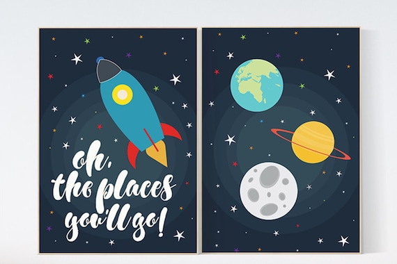 Space nursery decor, Oh the places you'll go, space theme, nursery decor, outer space nursery wall art, playroom decor, kids room, boys room