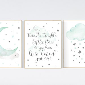 May include: Three watercolour prints with a green and grey colour scheme. The first print features a crescent moon with stars. The second print has the text "twinkle twinkle little star, do you know how loved you are." The third print features a green cloud with stars falling from it.