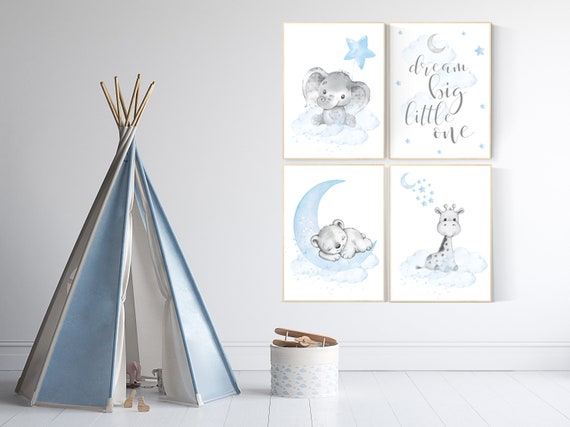 Nursery decor boy elephant, animal nursery, baby blue, bear nursery, giraffe baby room wall art, baby bear, elegant, moon and stars nursery