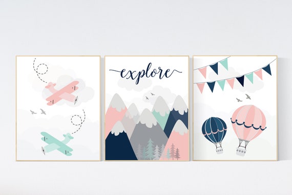 Adventure nursery decor, blush pink mint , mountain art print set, pink navy wall art, airplane, world map, adventure awaits hot air balloon