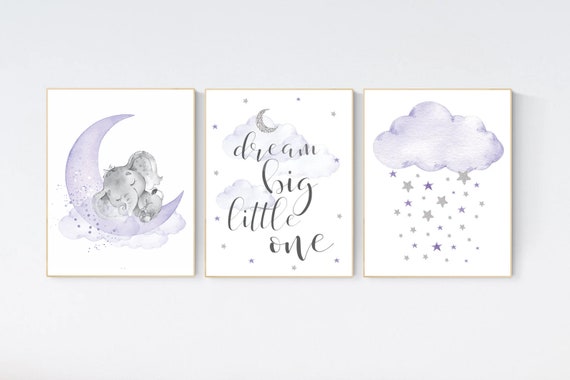 Nursery decor girl, moon and stars, Purple silver, lilac silver, baby room decor girl, lavender, cloud and stars, baby room, girl room ideas