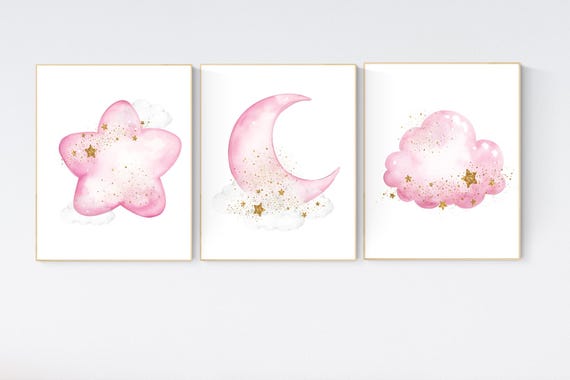 Pink gold nursery, Nursery wall art girl, baby room decor girl gold and pink, moon and star, baby room decor, girl nursery wall art