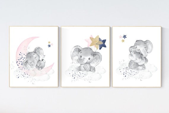 Navy nursery decor, moon and stars, pink, gold, navy nursery art. baby room wall art, nursery decor, set of 3, nursery prints, elephant art