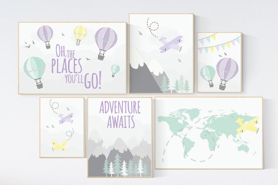 Nursery decor girl adventure, mountain, purple mint, lilac mint, Adventure theme nursery, hot air balloon, world map, lavender mint