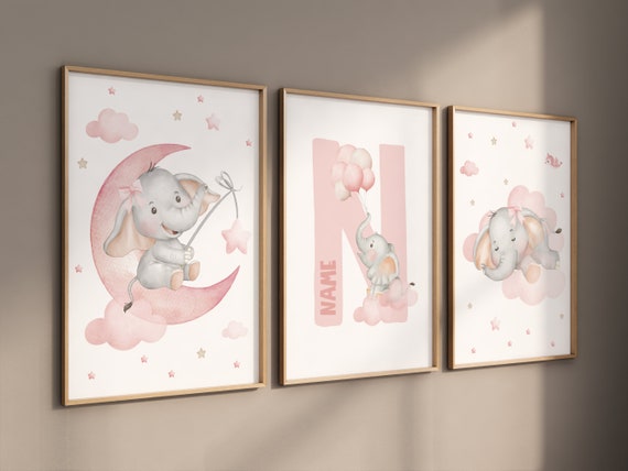 Elephant print, pink nursery, Nursery decor girl wall art, elephant prints for nursery, girls room decor, baby girl, name print, moon print