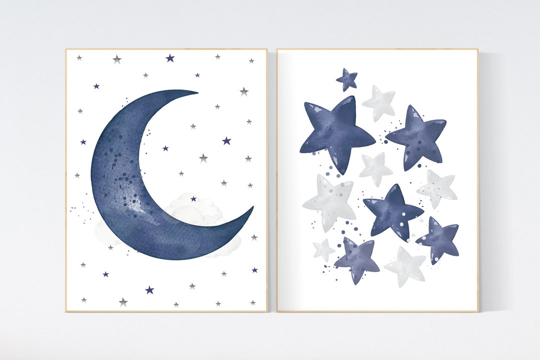 Navy Nursery Decor, Cloud and Stars, Moon and Stars, Navy Blue Nursery ...