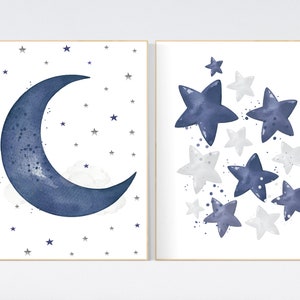 Navy nursery decor, cloud and stars, moon and stars, navy blue nursery art. baby room wall art, boy nursery decor, set of 2, nursery art