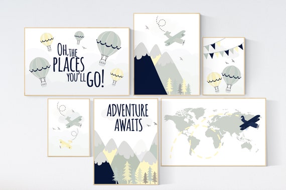 Adventure nursery decor, gender neutral, nursery decor boy airplane, world map, adventure awaits, neutral nursery, travel themed nursery