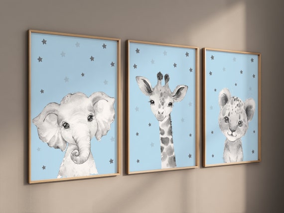 Nursery decor elephant and giraffe, blue nursery, safari animals, animal nursery prints, blue nursery, woodland animal prints, boys nursery