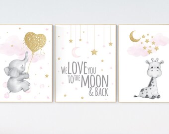 Elephant Giraffe Nursery Prints: Pink and Gold Baby Girl Decor
