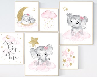 Nursery wall art girl elephant, pink gold nursery, elephant nursery wall art, girl nursery ideas, pink and gold, dream big little one