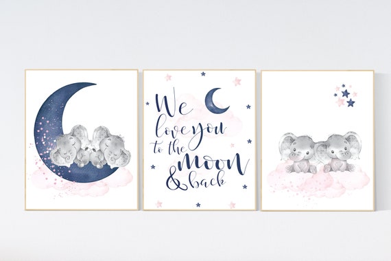 Twin nursery, elephant nursery print, pink and navy nursery, cloud and stars nursery, boy and girl twins, pink navy, twins nursery room