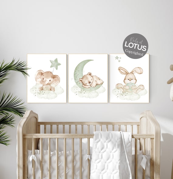 Green nursery, Gender neutral nursery, jungle animals, woodland animal nursery, sage green, bear nursery, elephant nursery, bunny nursery